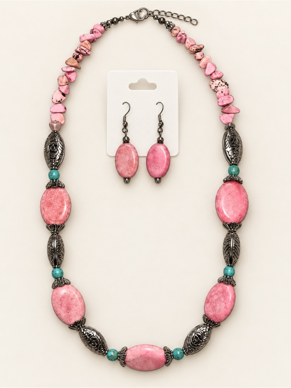 NWT Pink Turquoise Beaded Necklace Earrings Set Boho Western